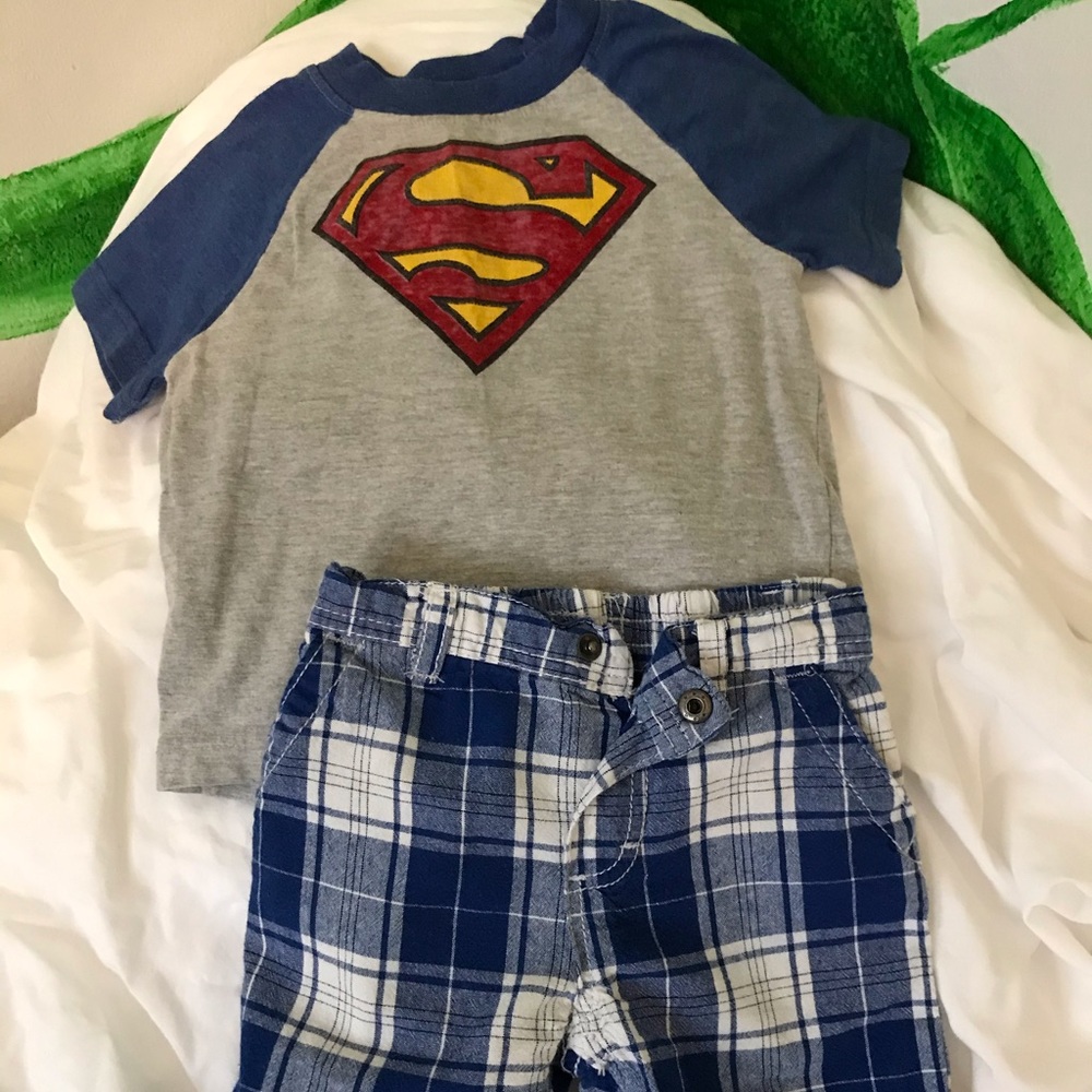 Superman shirt 18mo with Tommy Hilfiger plaid shorts 24 mo.